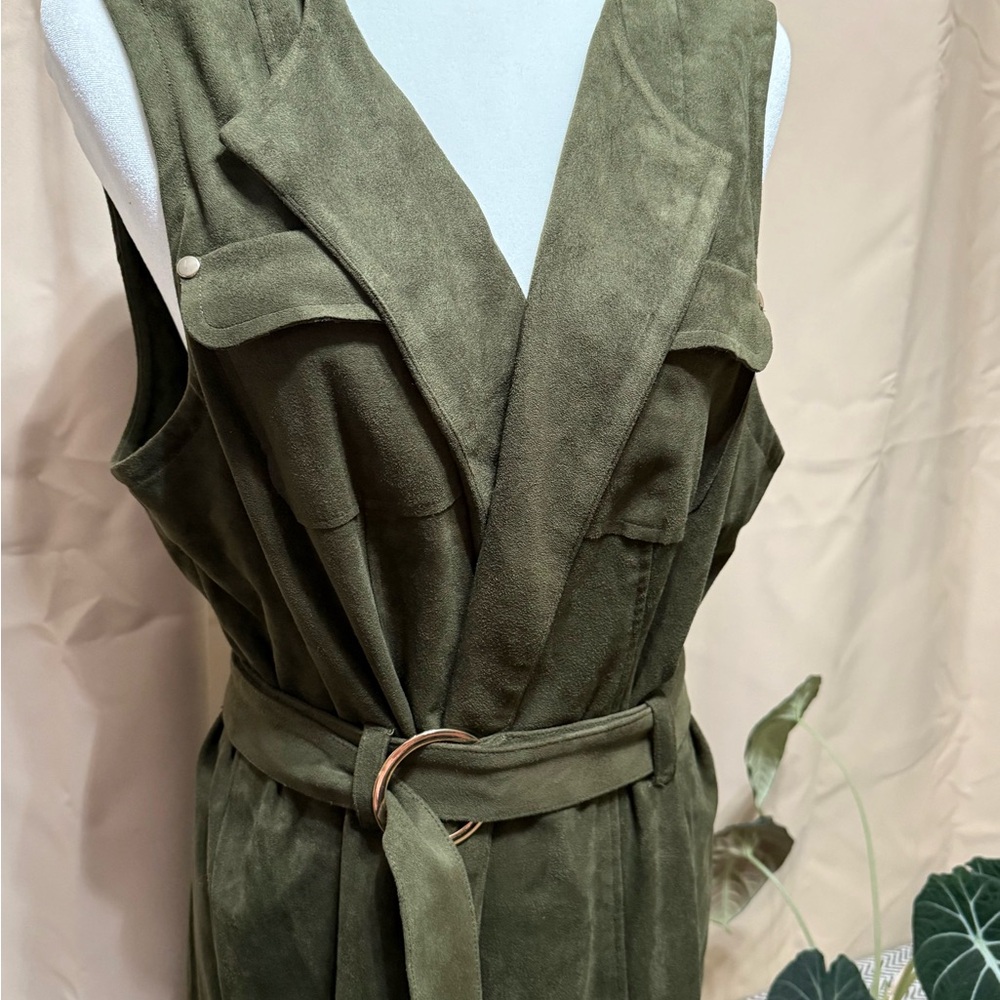 Chico's Olive Green Faux Suede Belted Longline Duster Vest - Size 2/Large - EUC - Picture 5 of 14